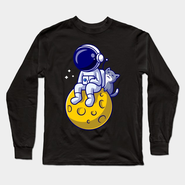 Astronaut And Cute Cat Cartoon Long Sleeve T-Shirt by Catalyst Labs